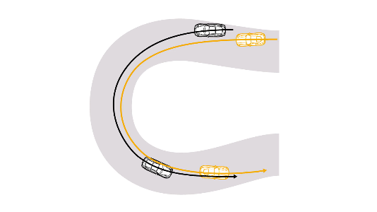你的赛车是黄色的，对手赛车是黑色的。专心致志，在入弯前尽可能延迟踩下刹车，从而实现超车