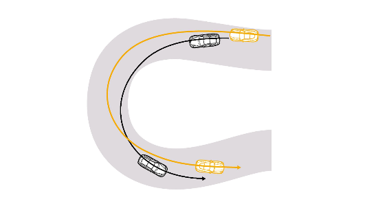 你的赛车是黄色的，对手赛车是黑色的。专心致志，从弯心开始就踩下全油门，在出弯时实现超越
